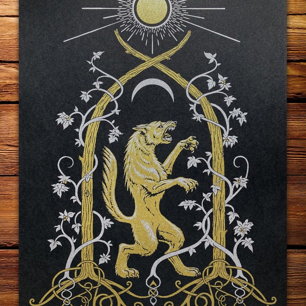 Heraldic Wolf Gold art poster print, werewolf Summer Solstice sun & moon, celestial mythology medieval Celtic Fenrir pagan esoteric fantasy