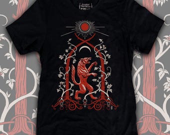 Heraldic Wolf mens screen-printed T shirt, red Werewolf under sun & moon in silver vined forest trees, black Bella+Canvas graphic tee