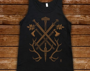Old Gods Viking mens Tanktop, weapons of war, sacrifice, harvest, Yggdrasil ash leaves, copper on vintage black tee, Odin, Thor, pagan shirt