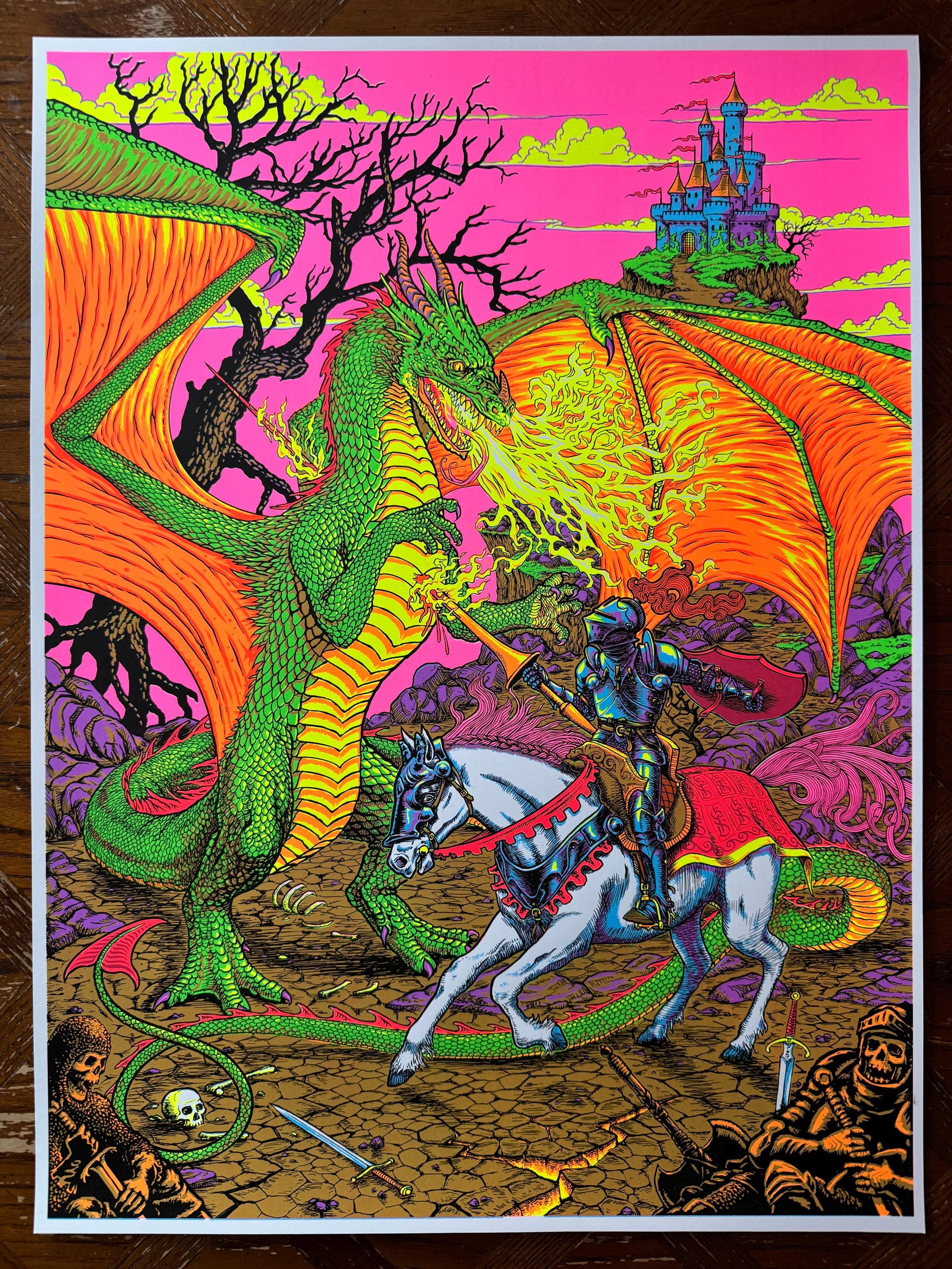 Dragon Slayer screen printed 18x24" blacklight poster, psychedelic UV-responsive neon ink, castle, knight on horseback, retro '70s '80s