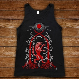 Heraldic Wolf mens tank, red Werewolf under sun & moon in silver vined forest trees, screen-printed soft black Tanktop graphic tee