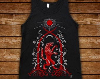 Heraldic Wolf Tank Top, Red Werewolf, Silver vines Vintage style Screen-Printed Graphic Tee