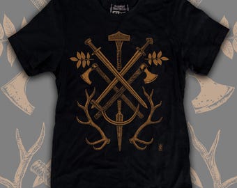 Old Gods Viking mens T shirt, weapons of war, sacrifice, harvest, Yggdrasil ash leaves, copper on vintage black tee, Odin, Thor, pagan