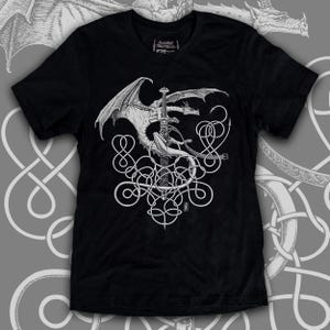 Silver Dragon mens graphic tee, Celtic Norse knots, sword, vintage epic medieval fantasy art, black Bella Canvas T shirt