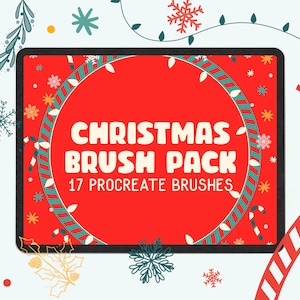 May include: A digital tablet screen displaying a red circle with the text "Christmas Brush Pack 17 Procreate Brushes". The screen is surrounded by a white background with various Christmas-themed illustrations, including snowflakes, candy canes, and holly.