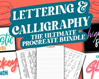 Może przedstawiać: Turkusowy baner z tekstem "LETTERING & CALLIGRAPHY THE ULTIMATE PROCREATE BUNDLE" w białym kolorze. Baner jest otoczony obrazami pędzli do pisania i kaligrafii, w tym "Majestic Brush", "Mickey Brush", "Highlight Brush Set" i "Shadow Glow Brush".