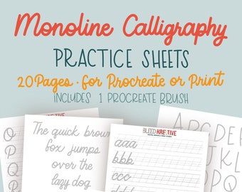 May include: A set of 20 printable calligraphy practice sheets for Procreate. The sheets feature a grid pattern and include the alphabet, the phrase "The quick brown fox jumps over the lazy dog", and the words "aaa", "bbb", "ccc", and "ddd".