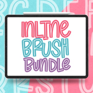 May include: A digital tablet screen displaying the text "INLINE BRUSH BUNDLE" in a colorful, outlined font. The text is surrounded by a white background. The tablet is on a pink and blue background with white outlined letters.