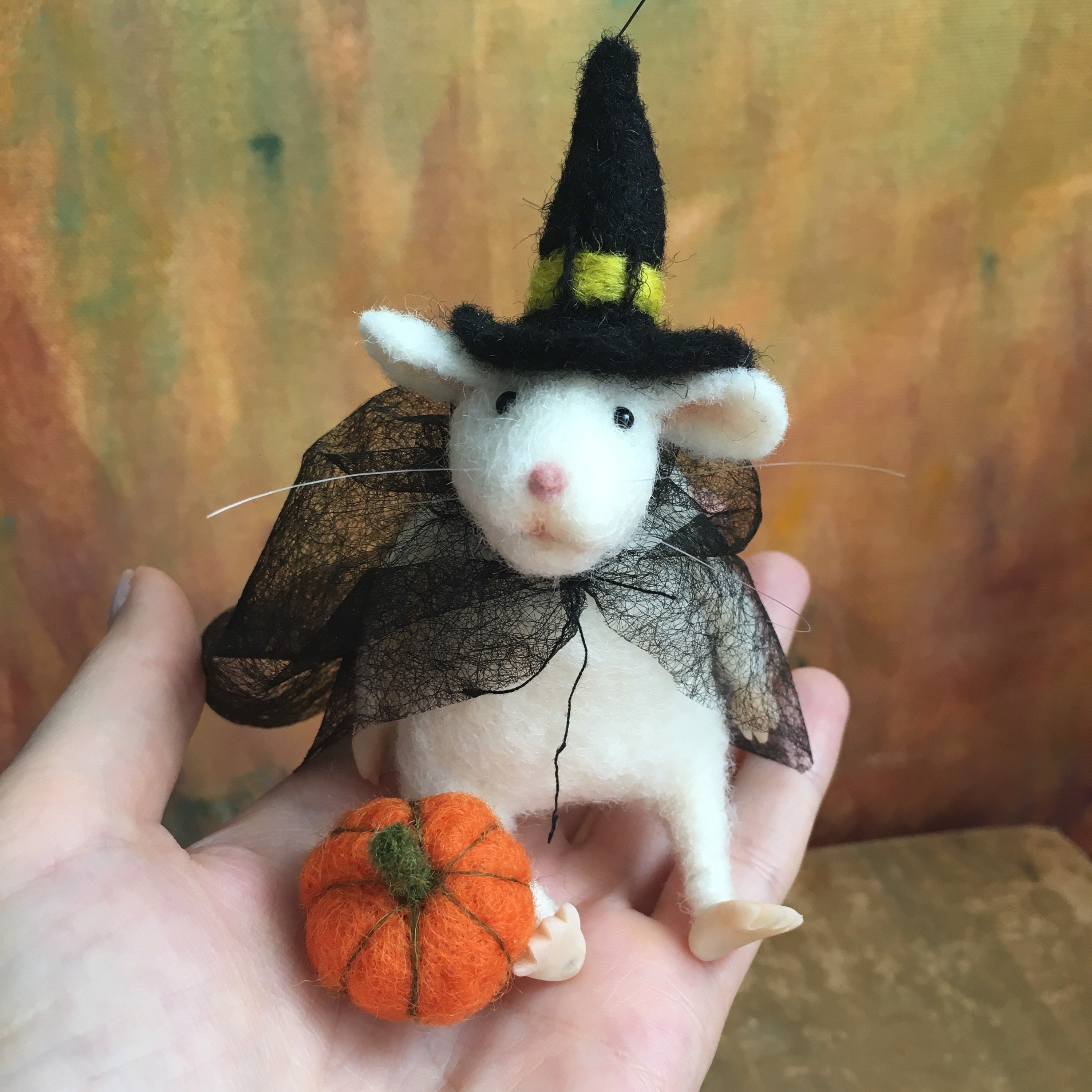 Felted Halloween mouse with bat and pumpkin. Felt white mouse Etsy
