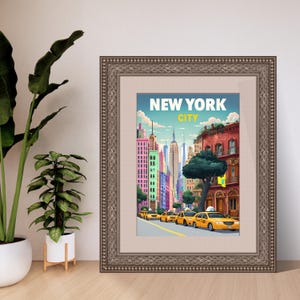 New York City Wall Art – Colorful NYC Taxi Street Scene Digital Print, Cartoon Style Urban Poster, Vibrant Apartment or Dorm Decor