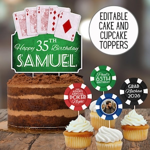 Bewerkbare pokertaart en cupcaketoppers, Vegas-verjaardagsfeestversieringen, vrijgezellenbord casinoavond, kaartspelafstuderen, download 3021