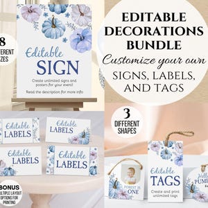 May include: An editable decorations bundle featuring signs, labels, and tags with watercolour blue and purple pumpkin illustrations. The text includes Editable Sign, Editable Labels, Editable Tags, Hello Pumpkin, and Forest is One.