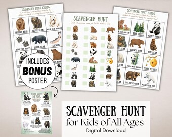 May include: A set of printable scavenger hunt cards featuring watercolour illustrations of various bears, a salmon, pine trees, and a beehive, accompanied by a checklist and a bonus educational poster with facts about bears and the text Scavenger Hunt for Kids of All Ages.