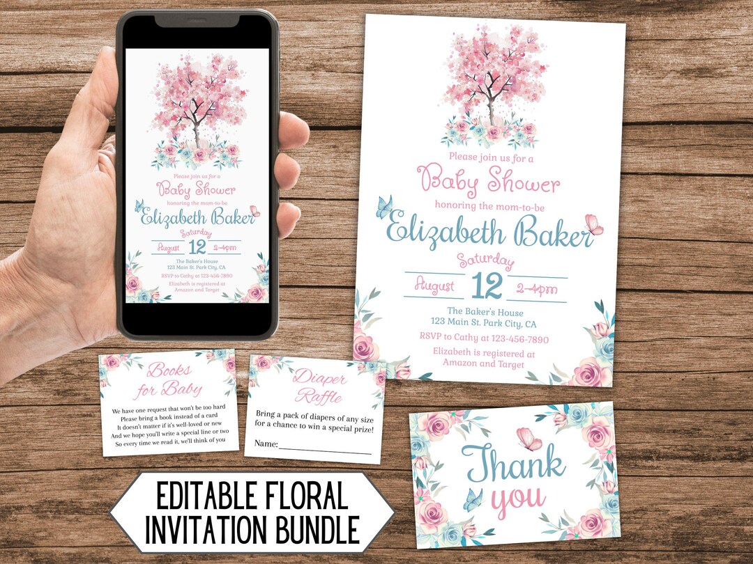 Editable Floral Baby Shower Invitation Bundle, Pastel Pink Flower Party ...