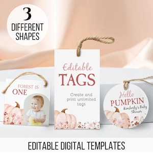 Puede incluir: Tres etiquetas de papel blanco con cordel en formas cuadrada, rectangular y circular. Las etiquetas presentan ilustraciones de calabazas rosas y flores con texto que incluye "FOREST IS ONE", "Editable TAGS" y "Hello PUMPKIN Kimberly's Baby Shower."