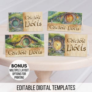 Puede incluir: Cuatro plantillas digitales con ilustraciones de acuarela de agujeros de hobbit. Cada tarjeta tiene un diseño diferente de agujero de hobbit con una puerta verde y un techo cubierto de hierba. El texto "Edicable Labels" está impreso en cada tarjeta. La imagen también incluye el texto "BONUS MULTIPLE LAYOUT OPTIONS FOR PRINTING" y "EDITABLE DIGITAL TEMPLATES".