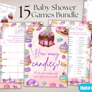 Pacchetto di giochi rosa con dolci stampabili, 15 attività per baby shower, festa di caramelle per bambine, graziosi giochi con granella di ciambelle, tesoro in arrivo, scarica 3051