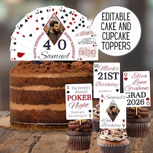 Adornos editables para tartas y cupcakes con naipes, decoración para fiesta de cumpleaños en Las Vegas, graduación de póker, letrero del País de las Maravillas, descarga para noche de juegos 3019