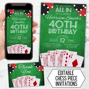 Invitación de cumpleaños de póker editable, imprimible para fiesta masculina en Las Vegas, invitación para noche de casino de E-mail, invitación para escalera real, descarga del juego de cartas All In 3021