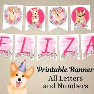 Printable Corgi A-Z Alphabet Banner, Girl Dog Birthday Party Decorations, Floral Pink Puppy Baby Shower, Doggy Pup Custom Sign Download 3001