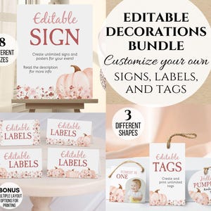 May include: An editable decorations bundle featuring signs, labels, and tags with a pumpkin and floral design. The text includes 'EDITABLE SIGN', 'EDITABLE LABELS', 'EDITABLE TAGS', 'FOREST IS ONE', and 'Hello PUMPKIN'. Includes 8 sizes and 3 shapes.