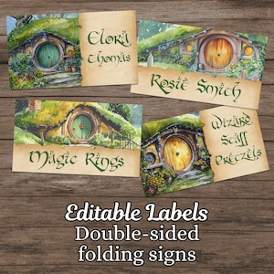 Bearbeitbare Fantasy Shire Etiketten, magische Ring Essen Schilder, Cottage Benutzerdefinierte Platzhalter, personalisierte Zelt Namensschild Karte, Sofort Download 3020