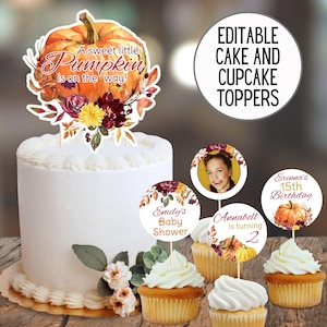 Puede incluir: Un pastel blanco y cupcakes con adornos decorativos. El adorno del pastel presenta un diseño de calabaza con el texto "A sweet little Pumpkin is on the way!". Los cupcakes tienen adornos con texto e imágenes, incluyendo "Emily's Baby Shower".