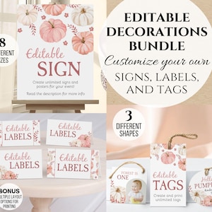 May include: An editable decorations bundle featuring signs, labels, and tags with pink and white pumpkin illustrations. The set includes text such as Editable Sign, Editable Labels, Editable Tags, Hello Pumpkin, and Forest is One, with various layouts.