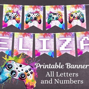 Bannière alphabet imprimable du jeu vidéo de A à Z, décorations de fête d&#39;anniversaire de contrôleur de boîte fille, enseigne personnalisée adolescente, streamer de jeu téléchargement 3048