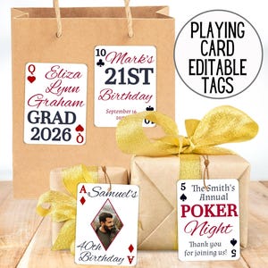 Etiquetas editables para naipes, recuerdos para fiestas de cumpleaños en Las Vegas, baby shower inspirado en el País de las Maravillas, etiqueta de regalo para juegos de póker, decoraciones de graduación (descarga 3019)