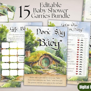 May include: A bundle of 15 baby shower games with a whimsical design. The games include "Don't Say Baby", "Guess Who?", and advice cards. The text "Editable Baby Shower Games Bundle" is at the top. The words "Digital Download" are at the bottom.
