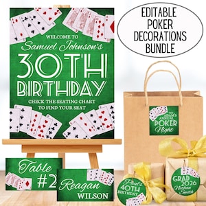Paquete de decoraciones de póker editables, etiquetas para fiesta de cumpleaños de Las Vegas, letrero para despedida de soltero en una noche de casino, etiquetas para graduados de juegos de cartas All In, descarga digital 3021