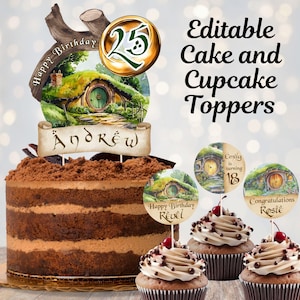 Decorazioni per torte e cupcake Fantasy Shire modificabili, decorazioni per feste di compleanno con anello magico, cartelli per baby shower elfici, download Cottage Core 3020