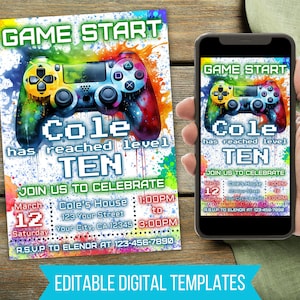 Editable Video Game Birthday Invitation, Boy Station Controller Party Printable, Teenage Gamer Level Up Evite, Gaming Streamer Download 3047