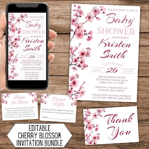 Editable Cherry Blossom Baby Shower Invitation Bundle, Pink Flower Party, Spring Sakura Evite, Girl in Bloom Invite Card Set, Download 3030