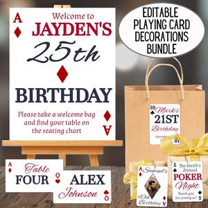 Paquete de decoraciones editables de naipes, etiqueta para fiesta de cumpleaños de póker, letrero para baby shower en el País de las Maravillas, etiqueta para noche de casino en Las Vegas (descarga 3019)