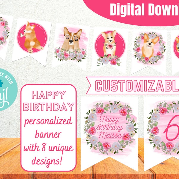 Editable Corgi Birthday Party Banner, Custom Name Puppy Bunting, Dog Party Decorations, Personalized Name Sign, Instant Download 3001