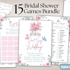 Paquete de juegos florales imprimibles para novias, 15 actividades para baby shower, despedida de soltera con flores en rosa pastel, juegos de boda con mariposas azules, descarga 3056