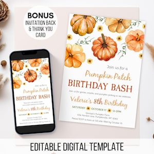 Puede incluir: Una plantilla de invitación de cumpleaños digital con calabazas y girasoles en acuarela sobre fondo blanco. El texto dice: Join us for a Pumpkin Patch BIRTHDAY BASH, Valerie's 8th Birthday, Saturday October 17, 12-2PM, Grampa's Pumpkin Farm.