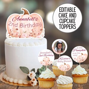 Puede incluir: Una tarta blanca con un adorno en forma de calabaza que dice "Annabell's 2nd Birthday". También se muestran cupcakes con adornos que dicen "Annabell's 2nd Birthday", "Kristine's Baby Shower" y "A little Pumpkin is on the way!"