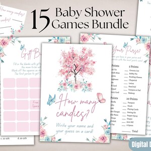 Pacchetto di giochi floreali per bambini stampabili, 15 attività per il baby shower, evento "Flower Ladies" rosa pastello, festa della farfalla blu, download di "Primavera in fiore" 3056