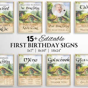 Puede incluir: Una colección de 15 carteles de cumpleaños editables en tamaños de 13x18, 20x25 y 46x61 cm. Cada cartel presenta una ilustración en acuarela de una casa enterrada con puerta redonda, hierba verde y árboles, junto con varios textos.