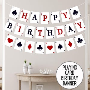 Banner de feliz cumpleaños con naipes, suministros para fiesta de póker, celebración en Las Vegas, decoración imprimible del País de las Maravillas, descarga de una noche de casino 3019