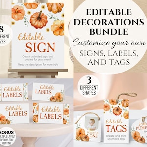 May include: An editable decorations bundle featuring pumpkin and floral illustrations. Includes signs, labels, and tags with text such as Editable Sign, Editable Labels, Editable Tags, and Hello Pumpkin. The set offers 8 different sizes and 3 shapes.