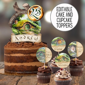 Redigerbara Fantasy Shire tårt- och muffinsdekorationer, magiska ringar för födelsedagsfest, Halfling babyshower-skylt, Cottagecore-nedladdning 3020