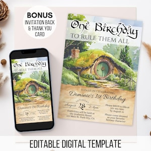 Könnte beinhalten: Eine digitale Einladungsvorlage mit dem Text "One Birthday To Rule Them All" und "Dominic's 1st Birthday". Das Design zeigt eine Aquarellillustration eines Hobbit-Hauses. Ein Smartphone zeigt die gleiche Einladung.