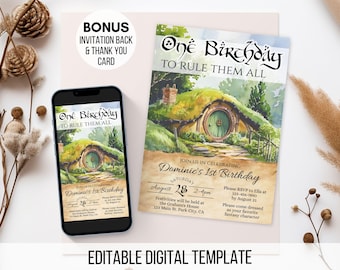 Fantasy Shire Editable First Birthday Invitation, One to Rule Them All Party Invite, Baby 1 Year Evite, Cottagecore Adventure Download 3020