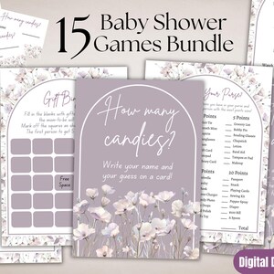 Wildblumen Spiel Bundle, 15 Babyparty Aktivitäten, Mauve Boho Baby in Bloom Party, Frühlingsblumen Mädchen auf dem Weg, Download 3053