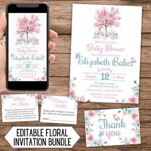 Bewerkbare bloemen uitnodigingsbundel babyshower, pastelroze bloemenfeest, blauwe vlinder Evite, uitnodigingskaarten lentebloei meisje, download 3056