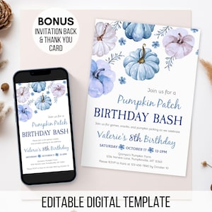 Puede incluir: Una plantilla de invitación de cumpleaños digital con calabazas en acuarela azul y lavanda con vegetación. El texto dice: Join us for a Pumpkin Patch BIRTHDAY BASH, Valerie's 8th Birthday, Saturday October 17, 12-2PM, Grampa's Pumpkin Farm.